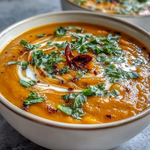 A bowl of bright Carrot, Celeriac, and Chilli Soup next to crusty gluten-free bread, perfect for a cozy, gut-healthy lunch.