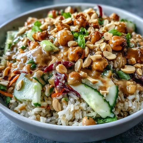 Gesunder Peanut Chickpea Rice Bowl mit frisch geriebener Karotte, rotem Kohl und Gurke in einer cremigen Erdnuss-Sauce.