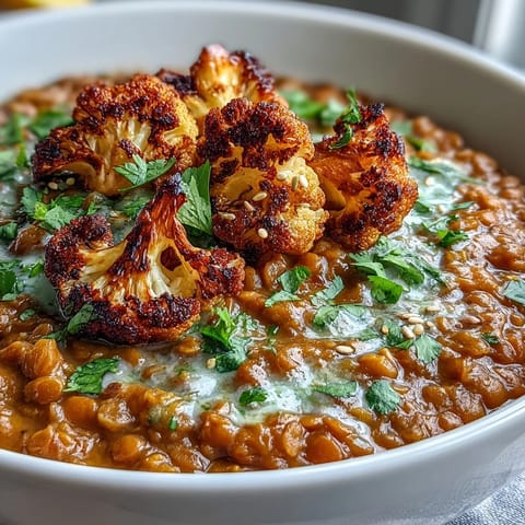 Herzhafte vegane Dhal-Schüssel mit goldenem, im Ofen gebratenem Blumenkohl über cremigen roten Linsen serviert.