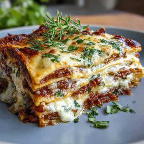 One-Pan Smoky Veggie Lentil Lasagne layers of tender pasta, smoky lentils, and creamy béchamel in a skillet.