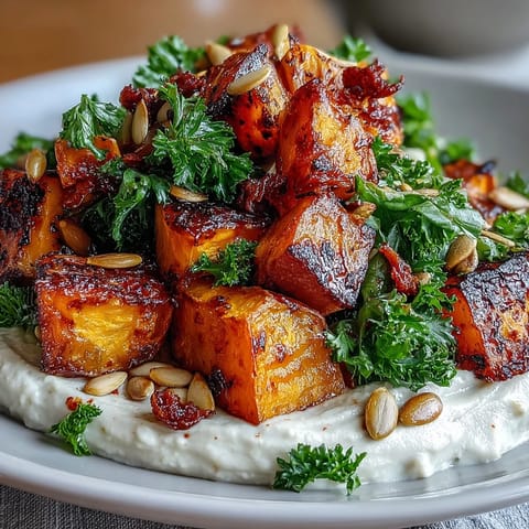 Goldbraun gebackene Süßkartoffel und Butternuss im Roast Squash and Hummus Winter Salad.
