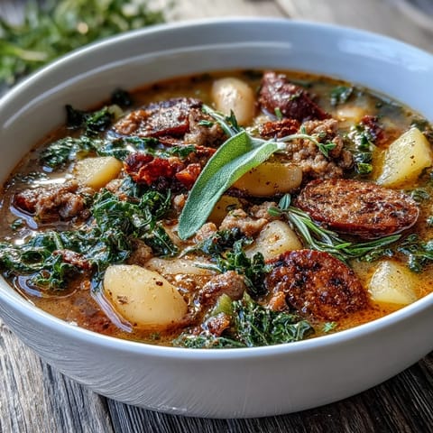 Geschmackvolle Tuscan White Bean Sausage Soup mit Wurst, Bohnen und Kale im Topf, serviert mit knusprigem Brot und frischem Parmesan.