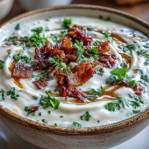Hearty Creamy Tuscan White Bean Soup served hot, garnished with parmesan and sun-dried tomatoes beside crusty bread.