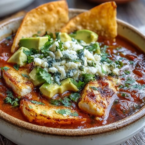 Frisch zubereitete Sopa Azteca mit grünem Koriander, saurer Sahne und reifem Avocado in einer Schüssel.