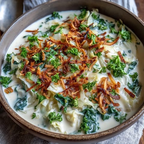 Cremige Coconut Braised Cabbage mit goldenen Zwiebeln und Gewürzen, dampfend heiß auf einem belegten Teller.