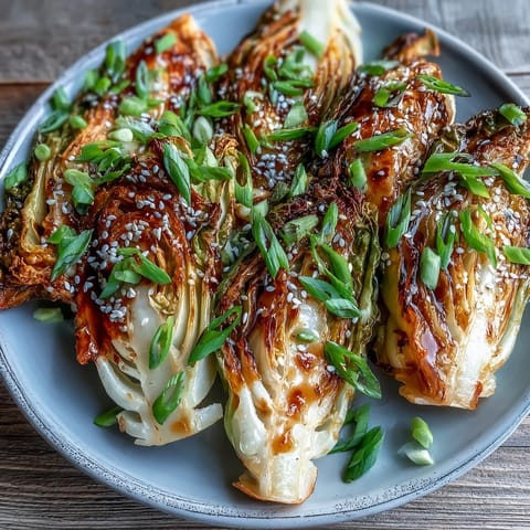 Goldene Miso Butter Röstkohl-Spalten auf Backblech, mit Sesam und Frühlingszwiebeln garniert.