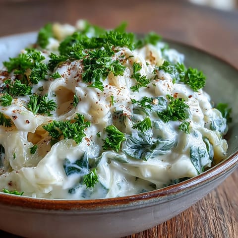 Zartes, saftiges Creamed Cabbage mit cremiger Sauce und dezenter Muskatnote auf Teller.