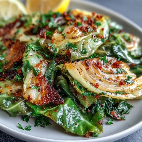 Goldbrauner, aromatischer Kohl mit Zwiebeln und Knoblauch aus einer heißen Pfanne mit frischer Petersilie garniert.