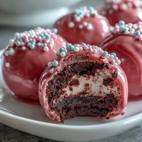 Weiche Oreo Truffle Bällchen mit knackigem rosafarbenem Zuckerguss auf einer weißen Platte für Partybuffets