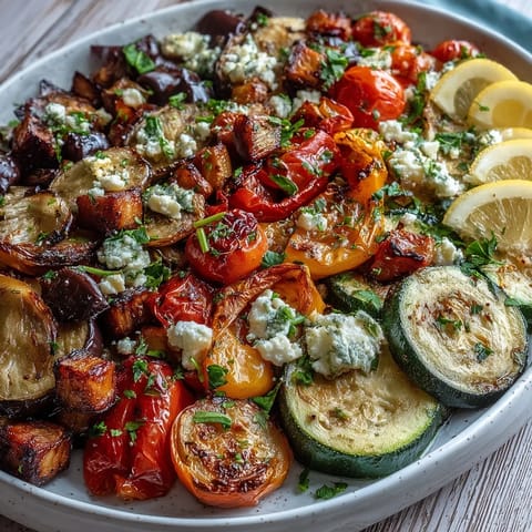Geröstete mediterrane griechische Gemüse aus dem Ofen, goldbraun gebraten und garniert mit Feta und Petersilie auf einem Backblech.