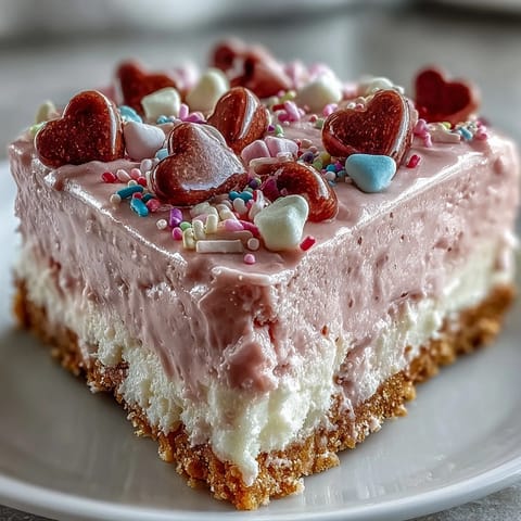 Stapel aus Candy Hearts Fake Cake mit luftiger Schlagsahne und knusprigen Konfektherzen.