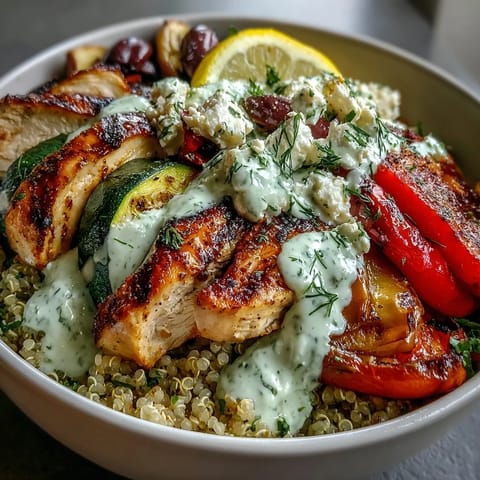 A vibrant, wholesome bowl featuring smoky grilled Mediterranean vegetables topped with feta and olives.