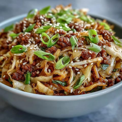 Gesundes Egg Roll in a Bowl, eine schnelle Pfanne mit Ingwer und Geröstetem Sesam.