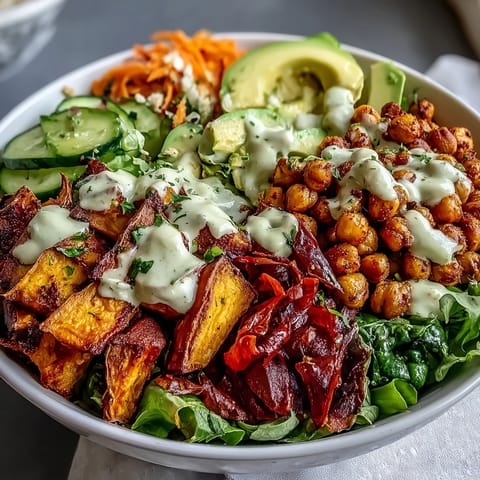 Diese Frühstücks-Buddha-Bowl kombiniert knackige Kichererbsen, frisches Gemüse und herzhafte Süßkartoffeln.