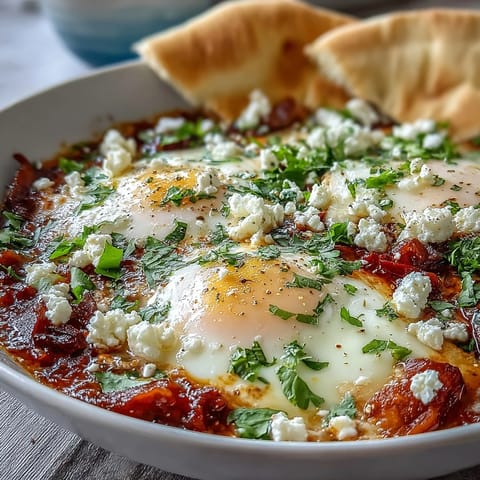 Genießen Sie eine Shakshuka Bowl mit überbackenen Eiern auf einer herzhaften, geschmacksintensiven Tomatenbasis.