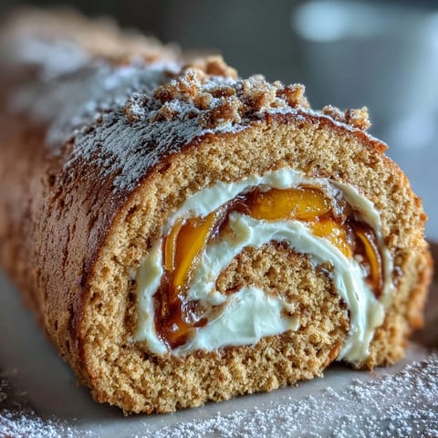 Frisch aufgeschnittene Scheibe des Hojicha Roll Cake mit luftigem Schwamm und Mangofüllung.
