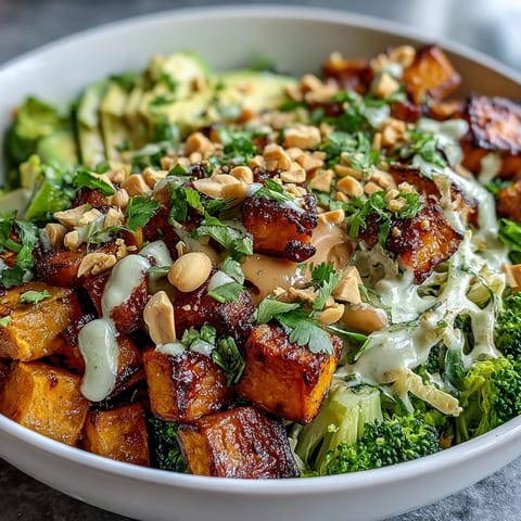 Farbenfrohe Buddha Bowl mit cremiger Erdnusssauce und Avocado-Scheiben für ein gesundes Essen.