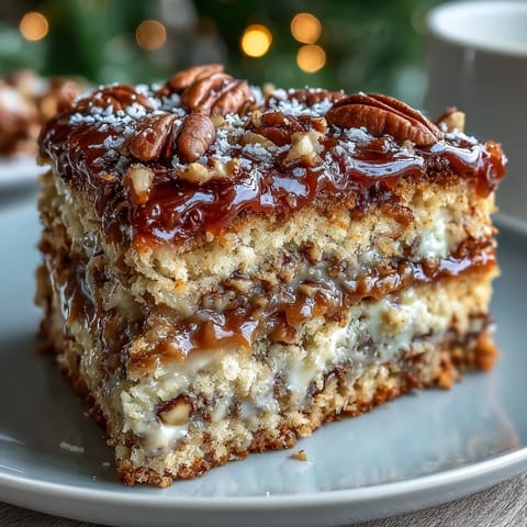 Weihnachtlein Toffee Crunch Cake, gebacken in runden Springformen, mit goldenem Teig und knusprigen Toffee-Stücken und Nüssen auf der Oberfläche.