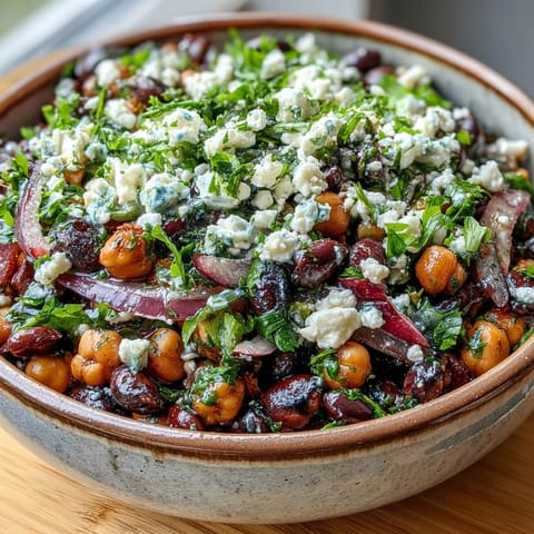 This bright Divorce Salad shows marinated chickpeas, black beans, and crumbled feta cheese on a white plate.