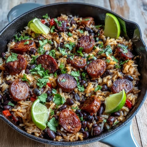 Saftige Wurststücke und schwarze Bohnen im würzigen Tomaten-Reis-Schmortopf, fertig zum Servieren mit fein gehacktem Koriander und saftigen Limettenspalten