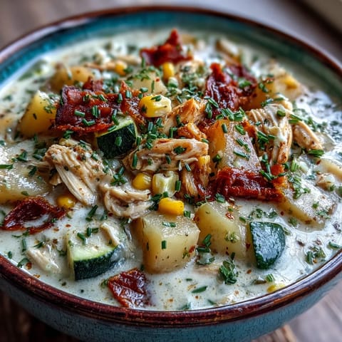 Heiße Ranch Chicken Veggie Soup in einer Schüssel, garniert mit frischen Kräutern und Sahnesahne.