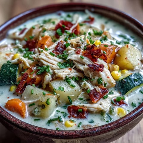 Köstliche Ranch Chicken Veggie Soup mit buntem Gemüse und cremiger Brühe, serviert mit knusprigem Brot.
