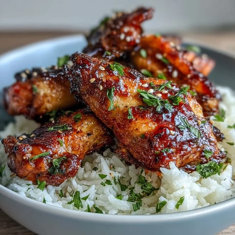 Golden honey garlic chicken wings resting on fluffy rice, garnished with fresh parsley and sesame seeds.