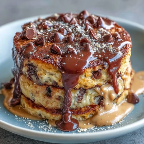 Frisch gebackene Peanut Butter Cup Protein Pancake Bowl mit geschmolzenen Schokoladenchips und cremiger Erdnussbutterglasur.