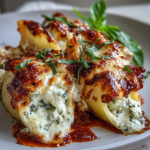 Goldene Pesto Lasagna Stuffed Shells überbacken, serviert auf einem rustikalen Teller mit frischem Basilikum.
