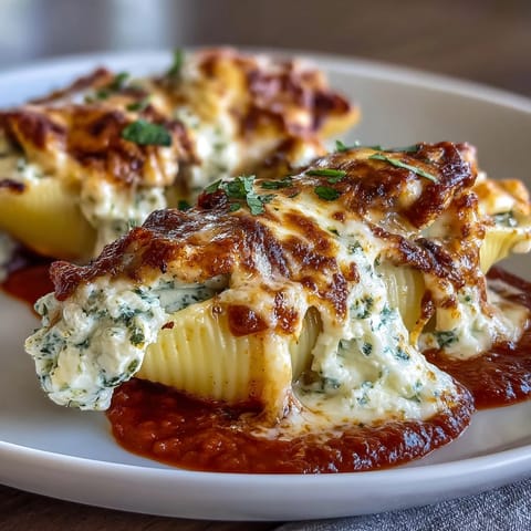 Cremige Ricotta Füllung in riesigen Nudelschalen mit Hähnchen und Pesto, gebacken bis sie blubbern.