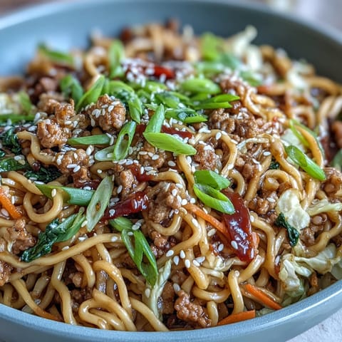 Korean Turkey Fried Noodles mit gebratenem Truthahn und knusprigem Gemüse auf Teller.