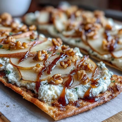 Ein belegtes Goat Cheese & Pear Flatbread mit Honig wird auf einem rustikalen Holztisch angerichtet.