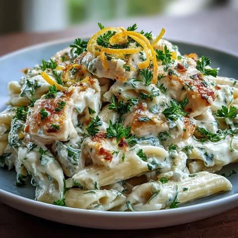 Ein Teller cremige Zitronen Feta Hähnchen Pasta mit frischem Parsley und Käsekruste.