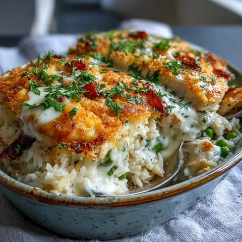 Cremige Knoblauch-Hähnchen & Reis Auflauf frisch aus dem Ofen, mit goldbrauner Käsekruste und blubbernder Sahnesauce.