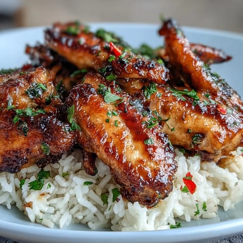 Gebackene Honig-Knoblauch-Hähnchenflügel mit Reis: Goldbraune, klebrige Flügel werden mit einer glasierten, würzigen Sauce über duftendem, butterigem Reis serviert.