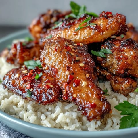 Honig-Knoblauch-Hähnchenflügel & Reis: Knusprige, saftige Flügel auf einem Bett aus fluffigem Reis mit glasierter, süß-scharfer Sauce.