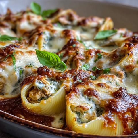 Cremig gefüllte Pesto-Lasagne-Shell mit Hähnchen und Mozzarella, serviert mit Sauce und Basilikum.