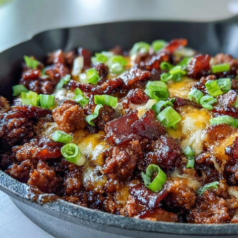 Geschmacksintensiver Keto BBQ Bacon Cheeseburger Skillet mit knusprigem Speck und geschmolzenem Cheddar, direkt aus der Pfanne serviert.