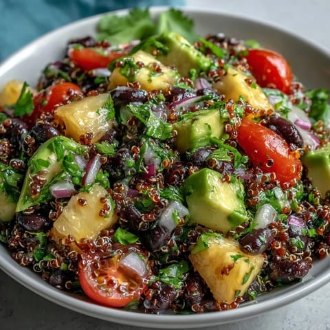 Ein bunter Tropical Quinoa Salad mit Ananas und schwarzen Bohnen garniert mit Koriander und Avocado auf einem weißen Teller.
