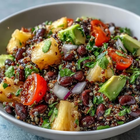 Frisch zubereiteter Tropical Quinoa Salad mit schwarzen Bohnen, Ananasstückchen und roter Paprika im sonnigen US-Küchenambiente.
