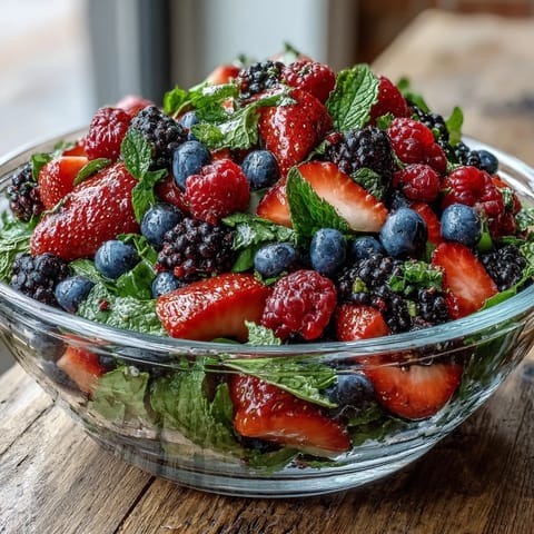 Sommerbeere mit Minze und Honig – Beerenmischung mit glänzender Honig-Zitronen-Sauce und frischen Minzblättern garniert. 