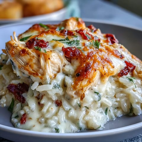 Nahes Foto des Creamy Garlic Chicken & Reis-Auflaufs mit Käsekruste und frischem Grünzeug.