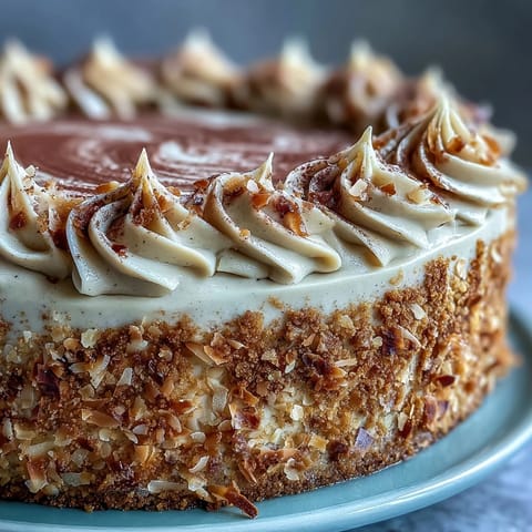 Duftender glutenfreier Hojicha-Latte-Kuchen mit cremiger Kokoscreme und hauchdünnem Hojichapulver.