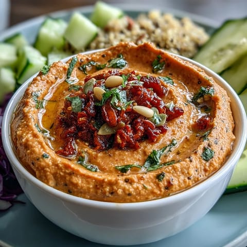 Vegan Roasted Red Pepper Hummus Buddha Bowls mit cremiger hummus-soße, quinoa und knackigem avocado auf einem weißen teller.