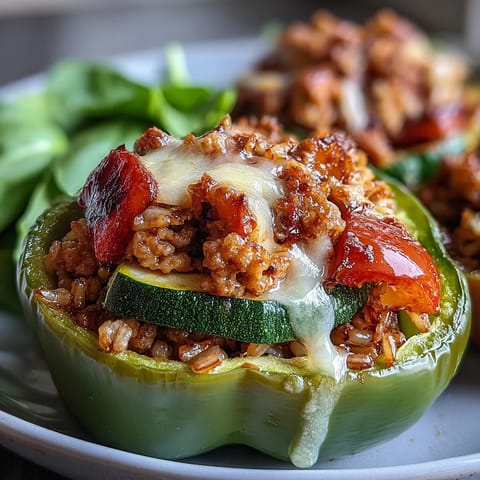 1. Farbenfrohe Paprikaschoten gefüllt mit magerem Truthahn, frischem Gemüse und braunem Reis – ein proteinreiches, gesundes Gericht für die Mahlzeitenvorbereitung.