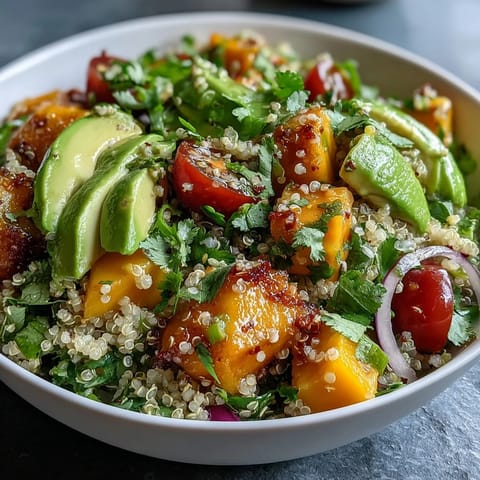 Ein farbenfroher Salat mit süßer Mango, cremiger Avocado, proteinreicher Quinoa und einer zitronigen Limettendressing – ideal für erfrischende Sommergerichte oder gesunde Mittagessen.
