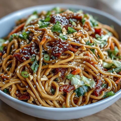 1. Veganes scharfes Erdnuss-Soba-Nudelsalat mit knackigem Krautsalat - farbenfrohe Schüssel mit aromatischen Nudeln, würzigem Dressing und knackigem Gemüse.