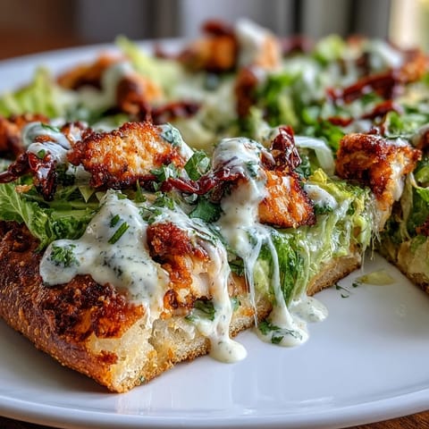 Knusprige Hühnerkruste mit frischem Caesar-Salat und Parmesan belegt.  