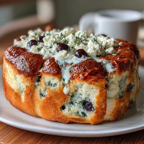Goldbraune Fluffy Cottage Cheese Blueberry Cloud Bread mit frischen Blaubeeren, die in einer weichen, kohlenhydratarmen Wolke gebacken sind.  