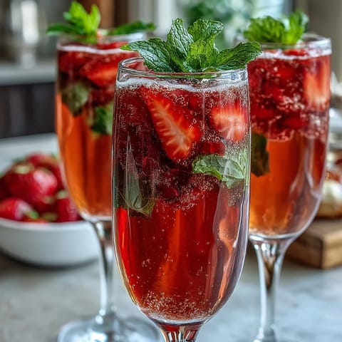 Frische Erdbeer-Mimosas und Obstgarnituren auf einem festlichen Galentine's-Brunch-Tisch.